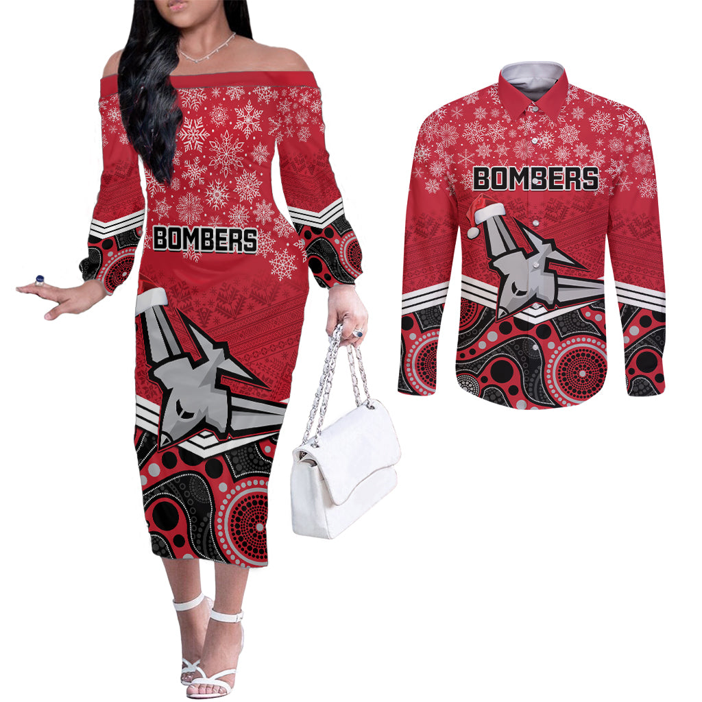 custom-essendon-football-christmas-couples-matching-off-the-shoulder-long-sleeve-dress-and-long-sleeve-button-shirt-merry-xmas-2023-mix-aboriginal-art