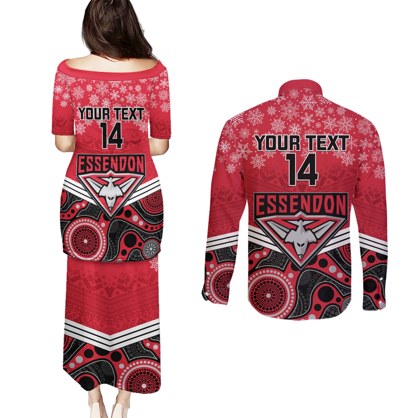 custom-essendon-football-christmas-couples-matching-puletasi-dress-and-long-sleeve-button-shirt-merry-xmas-2023-mix-aboriginal-art