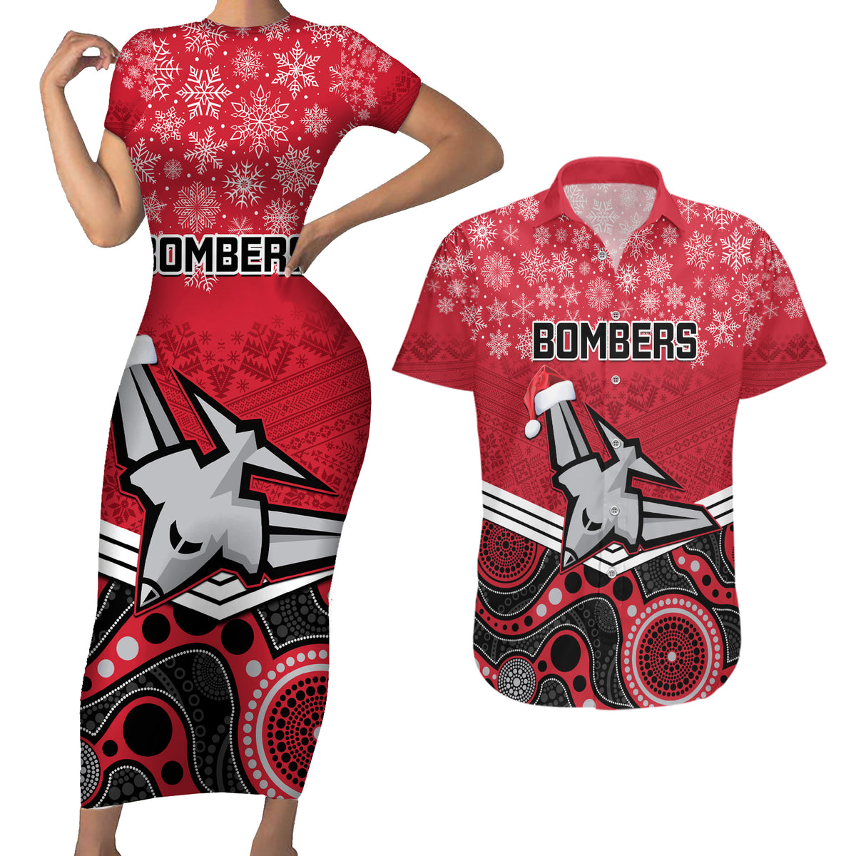 custom-essendon-football-christmas-couples-matching-short-sleeve-bodycon-dress-and-hawaiian-shirt-merry-xmas-2023-mix-aboriginal-art