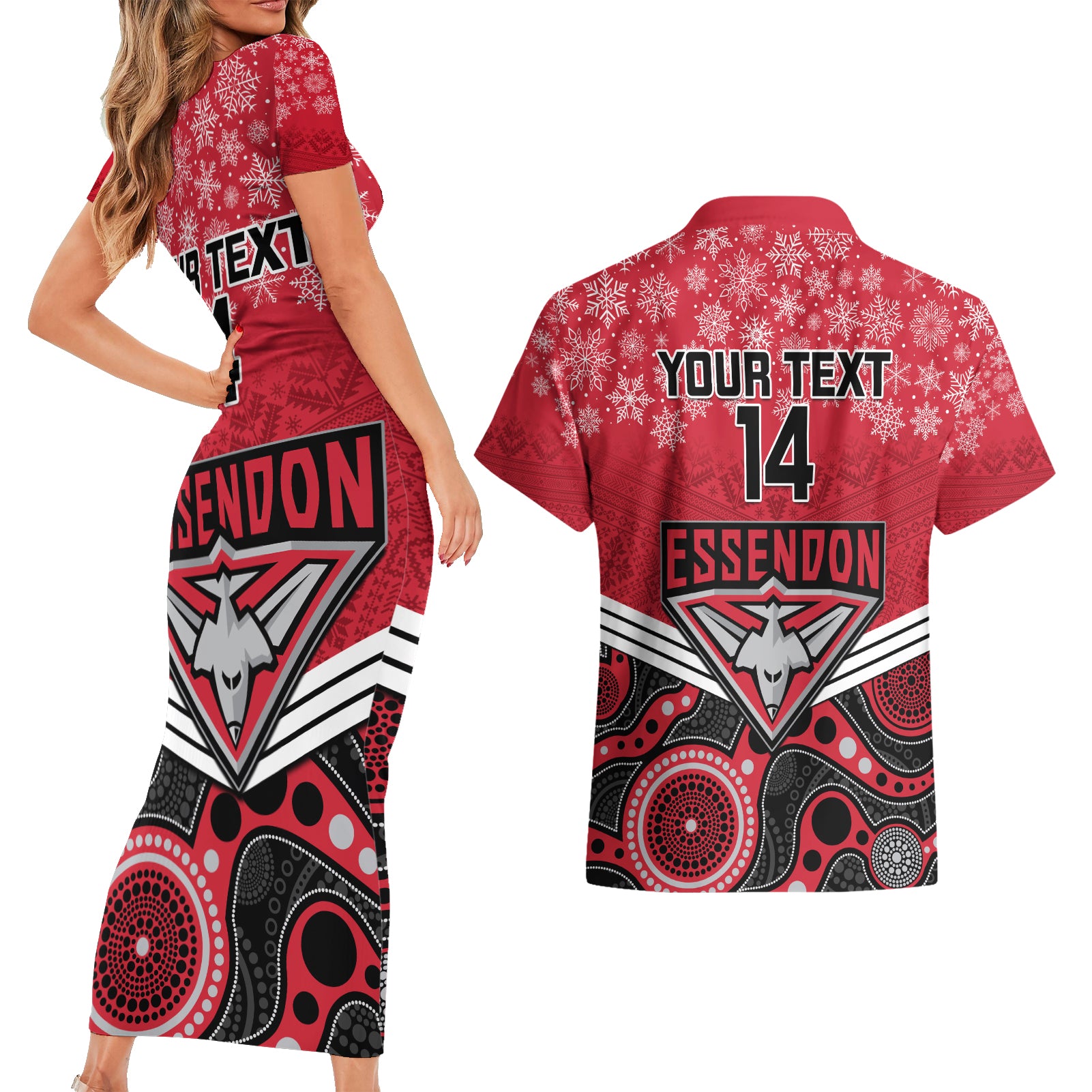 custom-essendon-football-christmas-couples-matching-short-sleeve-bodycon-dress-and-hawaiian-shirt-merry-xmas-2023-mix-aboriginal-art
