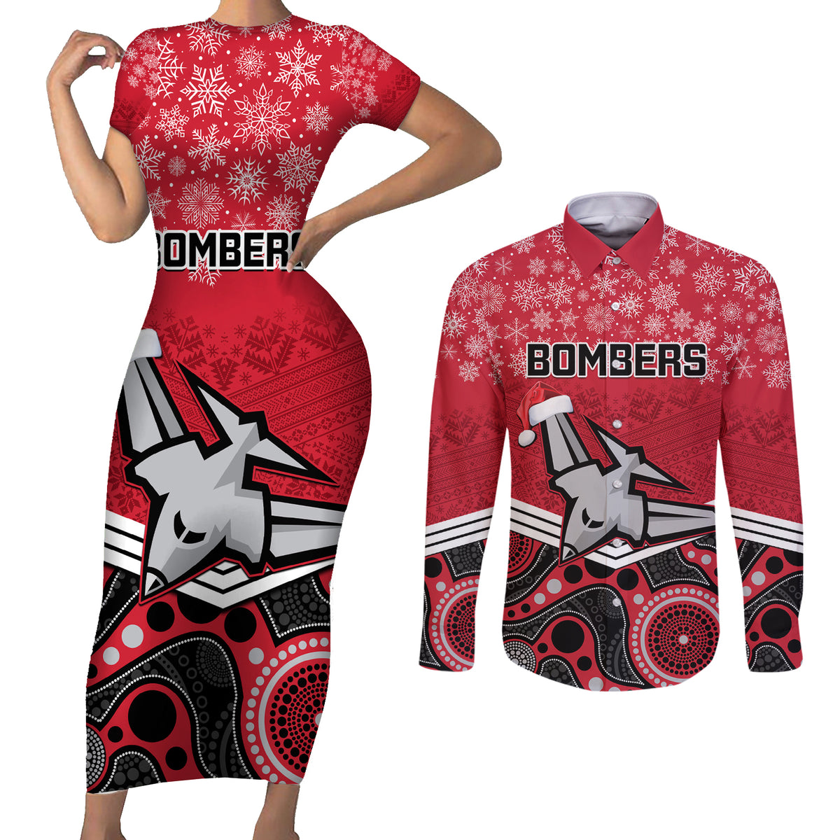 custom-essendon-football-christmas-couples-matching-short-sleeve-bodycon-dress-and-long-sleeve-button-shirt-merry-xmas-2023-mix-aboriginal-art