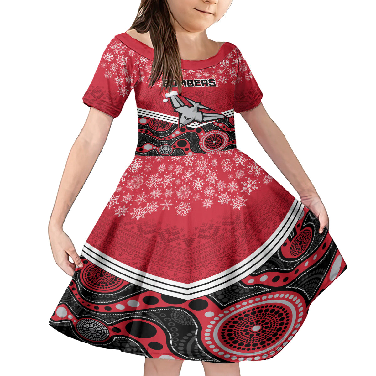 custom-essendon-football-christmas-kid-short-sleeve-dress-merry-xmas-2023-mix-aboriginal-art
