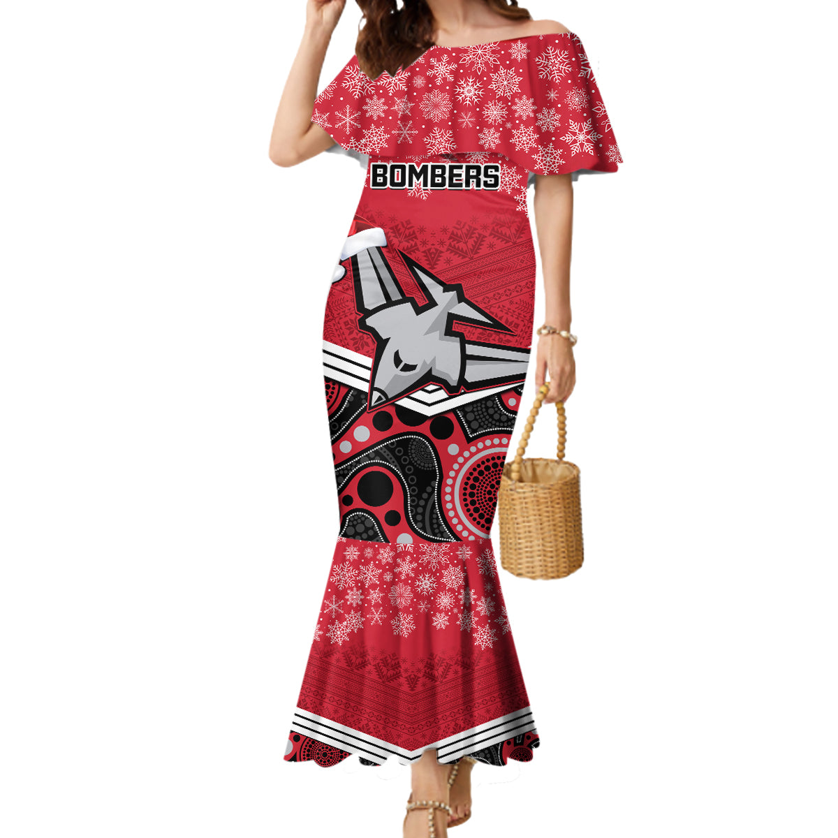 custom-essendon-football-christmas-mermaid-dress-merry-xmas-2023-mix-aboriginal-art