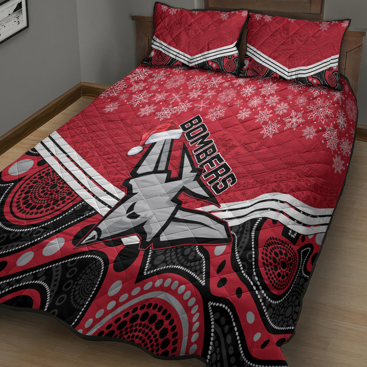 custom-essendon-football-christmas-quilt-bed-set-merry-xmas-2023-mix-aboriginal-art