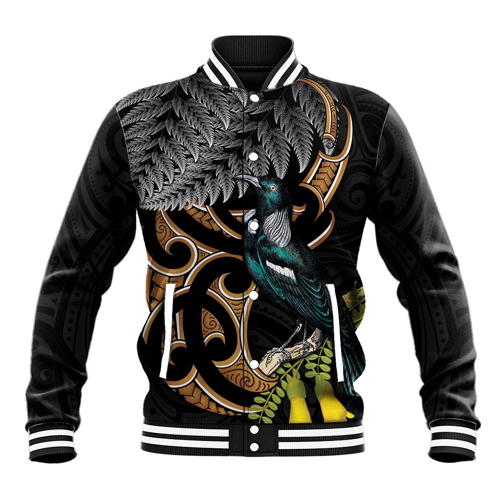 Aotearoa Kowhai Tui Bird Baseball Jacket Maori Ngaru With Silver Fern