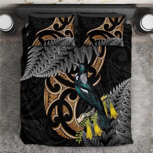 Aotearoa Kowhai Tui Bird Bedding Set Maori Ngaru With Silver Fern