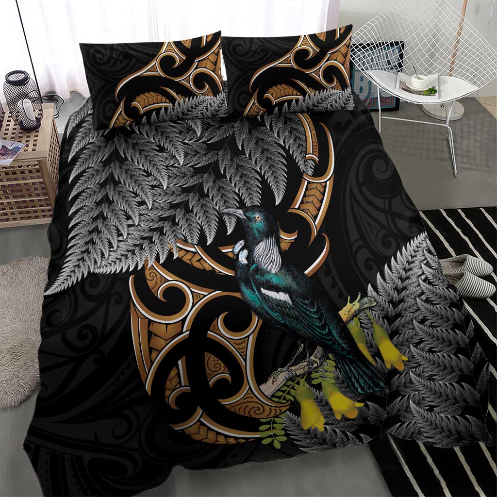Aotearoa Kowhai Tui Bird Bedding Set Maori Ngaru With Silver Fern