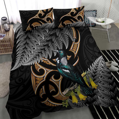 Aotearoa Kowhai Tui Bird Bedding Set Maori Ngaru With Silver Fern
