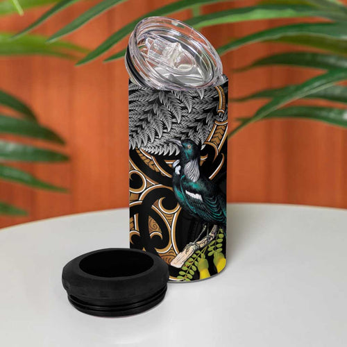 Aotearoa Kowhai Tui Bird 4 in 1 Can Cooler Tumbler Maori Ngaru With Silver Fern