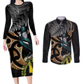 Aotearoa Kowhai Tui Bird Couples Matching Long Sleeve Bodycon Dress and Long Sleeve Button Shirt Maori Ngaru With Silver Fern