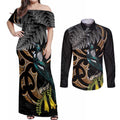 Aotearoa Kowhai Tui Bird Couples Matching Off Shoulder Maxi Dress and Long Sleeve Button Shirt Maori Ngaru With Silver Fern