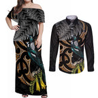 Aotearoa Kowhai Tui Bird Couples Matching Off Shoulder Maxi Dress and Long Sleeve Button Shirt Maori Ngaru With Silver Fern