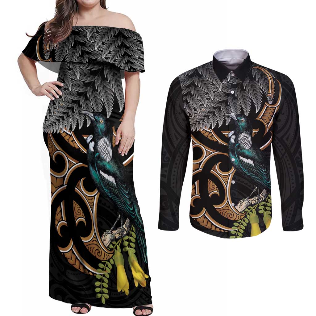 Aotearoa Kowhai Tui Bird Couples Matching Off Shoulder Maxi Dress and Long Sleeve Button Shirt Maori Ngaru With Silver Fern
