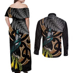 Aotearoa Kowhai Tui Bird Couples Matching Off Shoulder Maxi Dress and Long Sleeve Button Shirt Maori Ngaru With Silver Fern