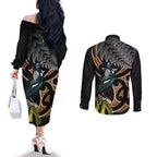 Aotearoa Kowhai Tui Bird Couples Matching Off The Shoulder Long Sleeve Dress and Long Sleeve Button Shirt Maori Ngaru With Silver Fern