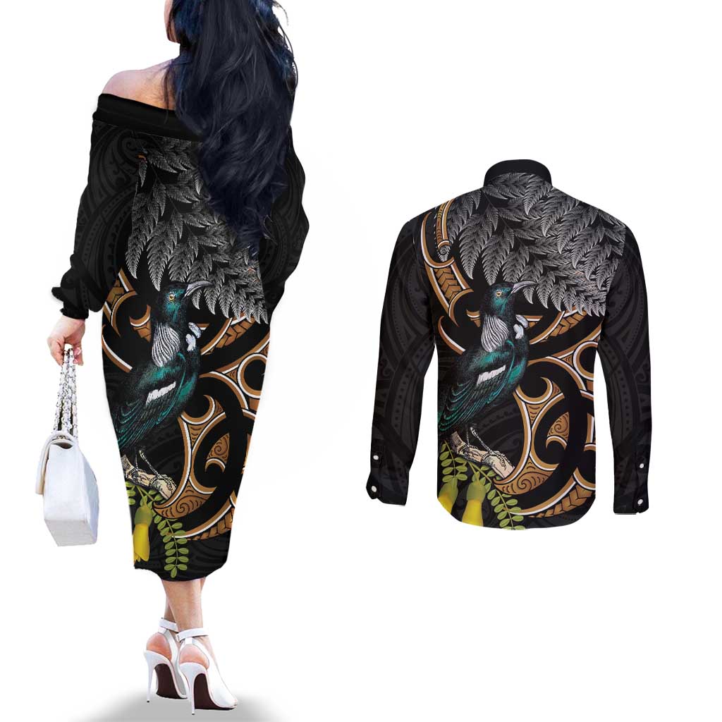 Aotearoa Kowhai Tui Bird Couples Matching Off The Shoulder Long Sleeve Dress and Long Sleeve Button Shirt Maori Ngaru With Silver Fern