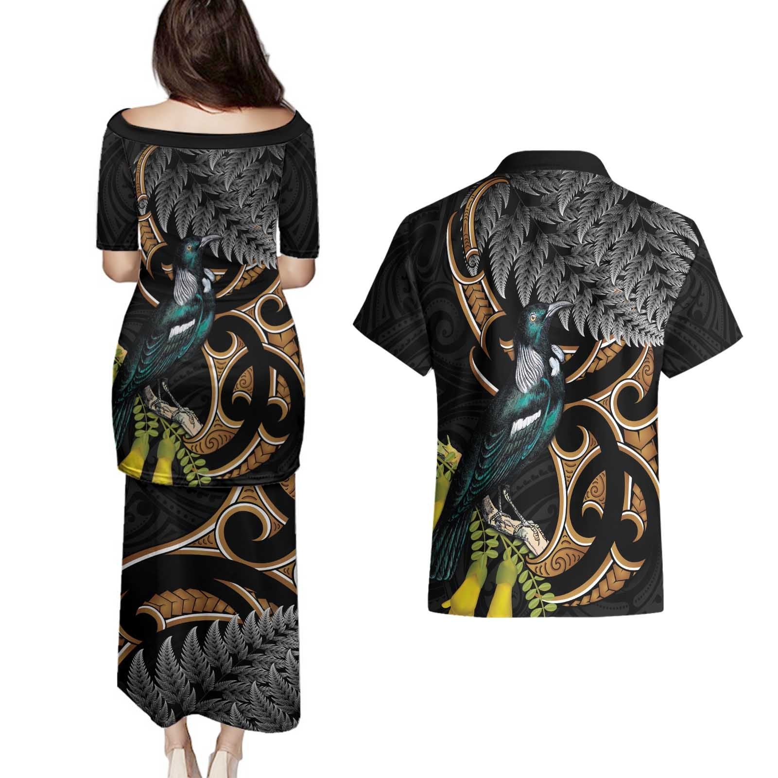 Aotearoa Kowhai Tui Bird Couples Matching Puletasi and Hawaiian Shirt Maori Ngaru With Silver Fern