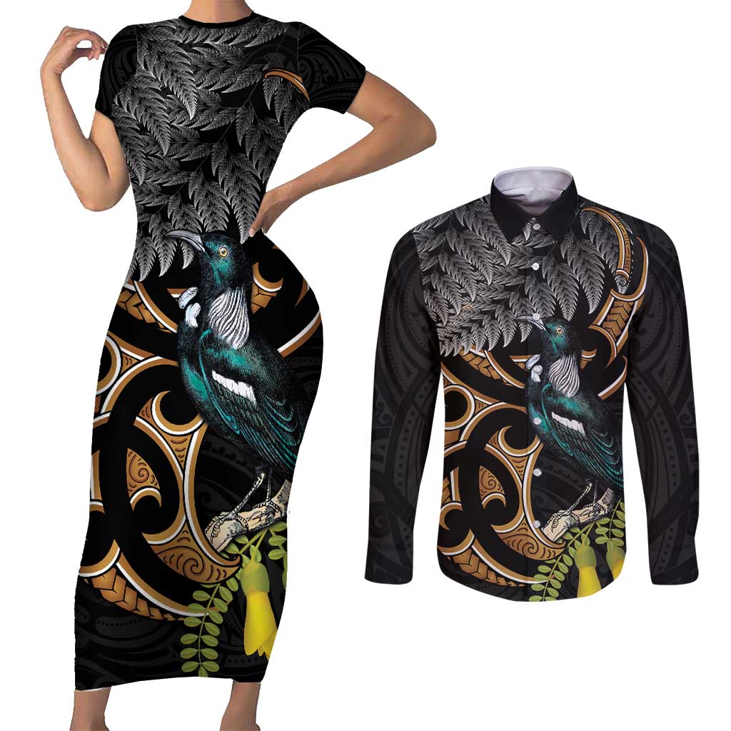 Aotearoa Kowhai Tui Bird Couples Matching Short Sleeve Bodycon Dress and Long Sleeve Button Shirt Maori Ngaru With Silver Fern