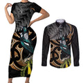 Aotearoa Kowhai Tui Bird Couples Matching Short Sleeve Bodycon Dress and Long Sleeve Button Shirt Maori Ngaru With Silver Fern