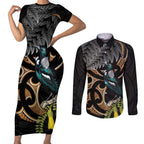Aotearoa Kowhai Tui Bird Couples Matching Short Sleeve Bodycon Dress and Long Sleeve Button Shirt Maori Ngaru With Silver Fern