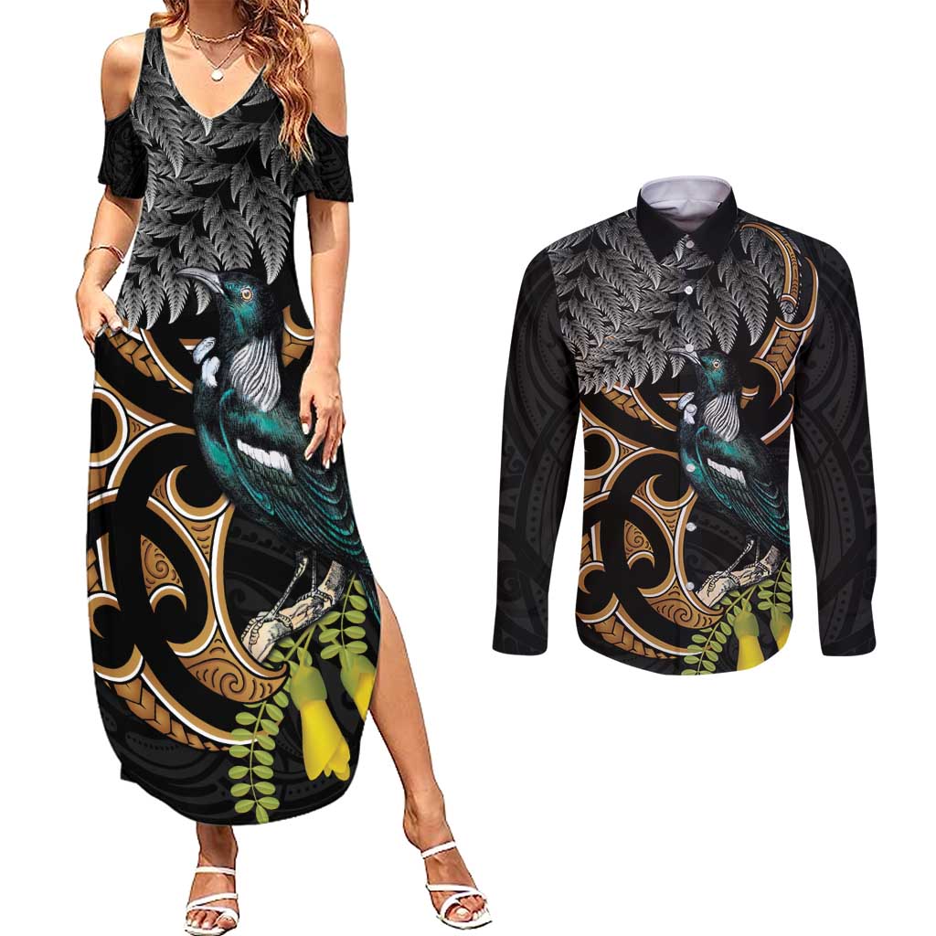 Aotearoa Kowhai Tui Bird Couples Matching Summer Maxi Dress and Long Sleeve Button Shirt Maori Ngaru With Silver Fern