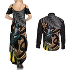 Aotearoa Kowhai Tui Bird Couples Matching Summer Maxi Dress and Long Sleeve Button Shirt Maori Ngaru With Silver Fern