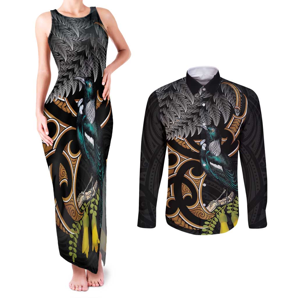 Aotearoa Kowhai Tui Bird Couples Matching Tank Maxi Dress and Long Sleeve Button Shirt Maori Ngaru With Silver Fern