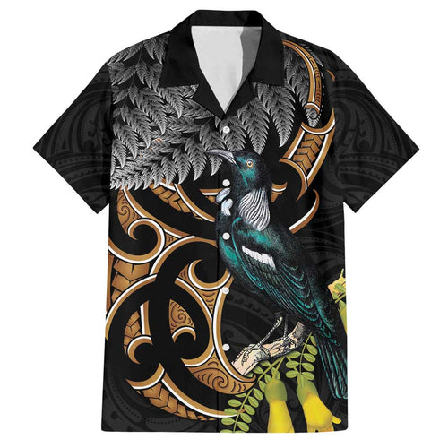 Aotearoa Kowhai Tui Bird Family Matching Long Sleeve Bodycon Dress and Hawaiian Shirt Maori Ngaru With Silver Fern
