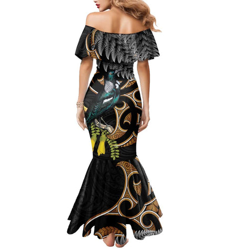 Aotearoa Kowhai Tui Bird Family Matching Mermaid Dress and Hawaiian Shirt Maori Ngaru With Silver Fern