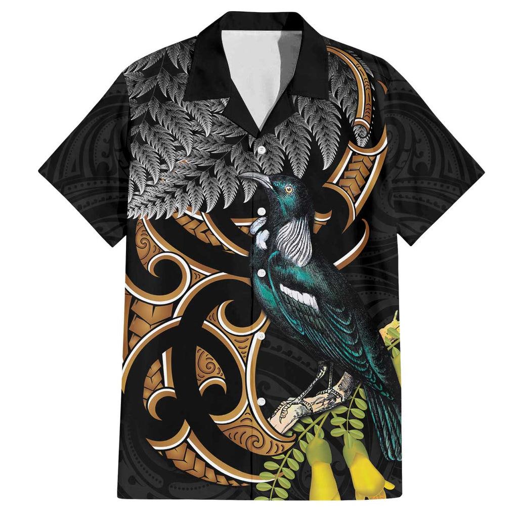 Aotearoa Kowhai Tui Bird Family Matching Off The Shoulder Long Sleeve Dress and Hawaiian Shirt Maori Ngaru With Silver Fern
