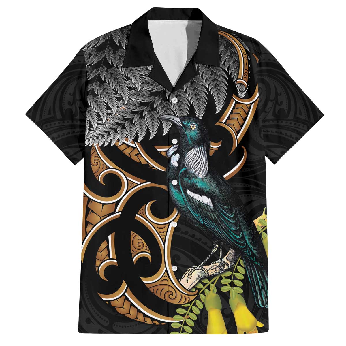 Aotearoa Kowhai Tui Bird Family Matching Off The Shoulder Long Sleeve Dress and Hawaiian Shirt Maori Ngaru With Silver Fern