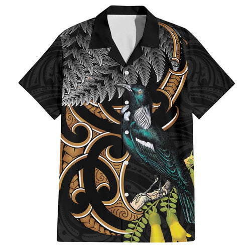 Aotearoa Kowhai Tui Bird Family Matching Off The Shoulder Long Sleeve Dress and Hawaiian Shirt Maori Ngaru With Silver Fern