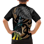 Aotearoa Kowhai Tui Bird Family Matching Off Shoulder Maxi Dress and Hawaiian Shirt Maori Ngaru With Silver Fern