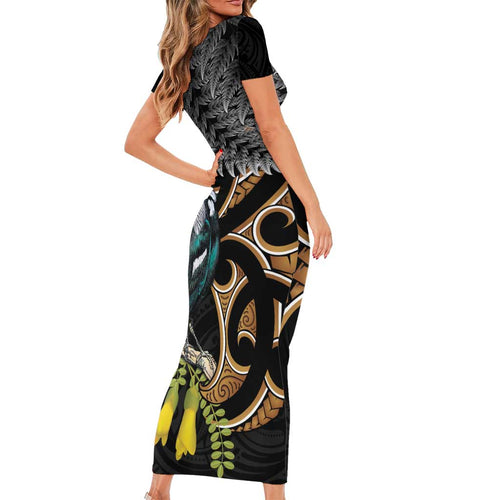 Aotearoa Kowhai Tui Bird Family Matching Short Sleeve Bodycon Dress and Hawaiian Shirt Maori Ngaru With Silver Fern