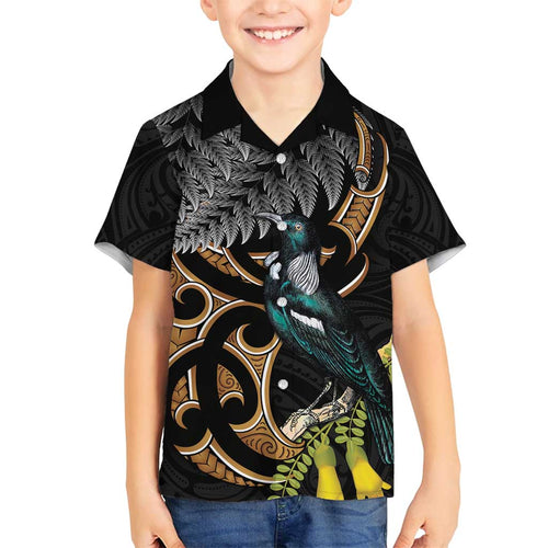 Aotearoa Kowhai Tui Bird Family Matching Summer Maxi Dress and Hawaiian Shirt Maori Ngaru With Silver Fern