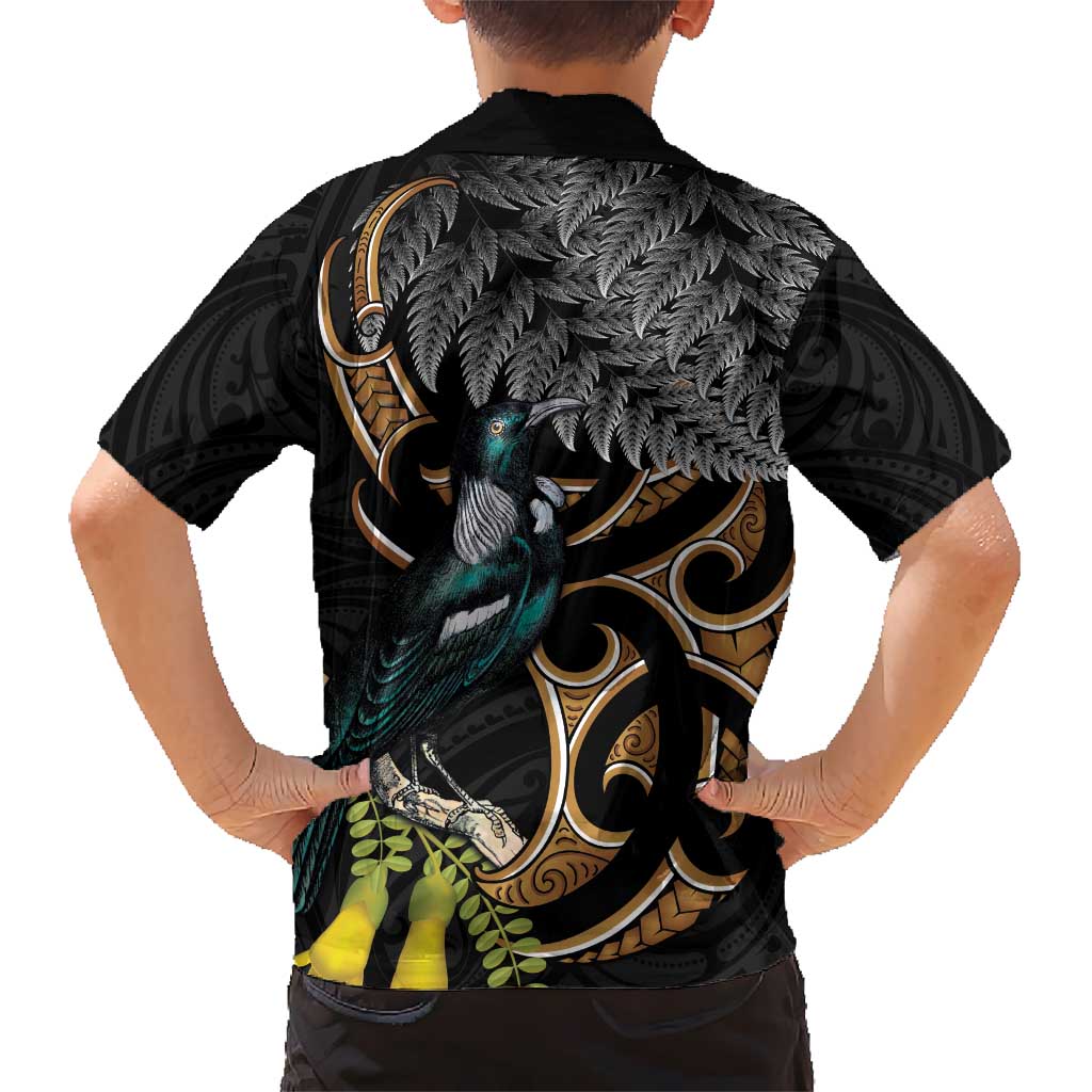 Aotearoa Kowhai Tui Bird Kid Hawaiian Shirt Maori Ngaru With Silver Fern