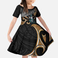 Aotearoa Kowhai Tui Bird Kid Short Sleeve Dress Maori Ngaru With Silver Fern