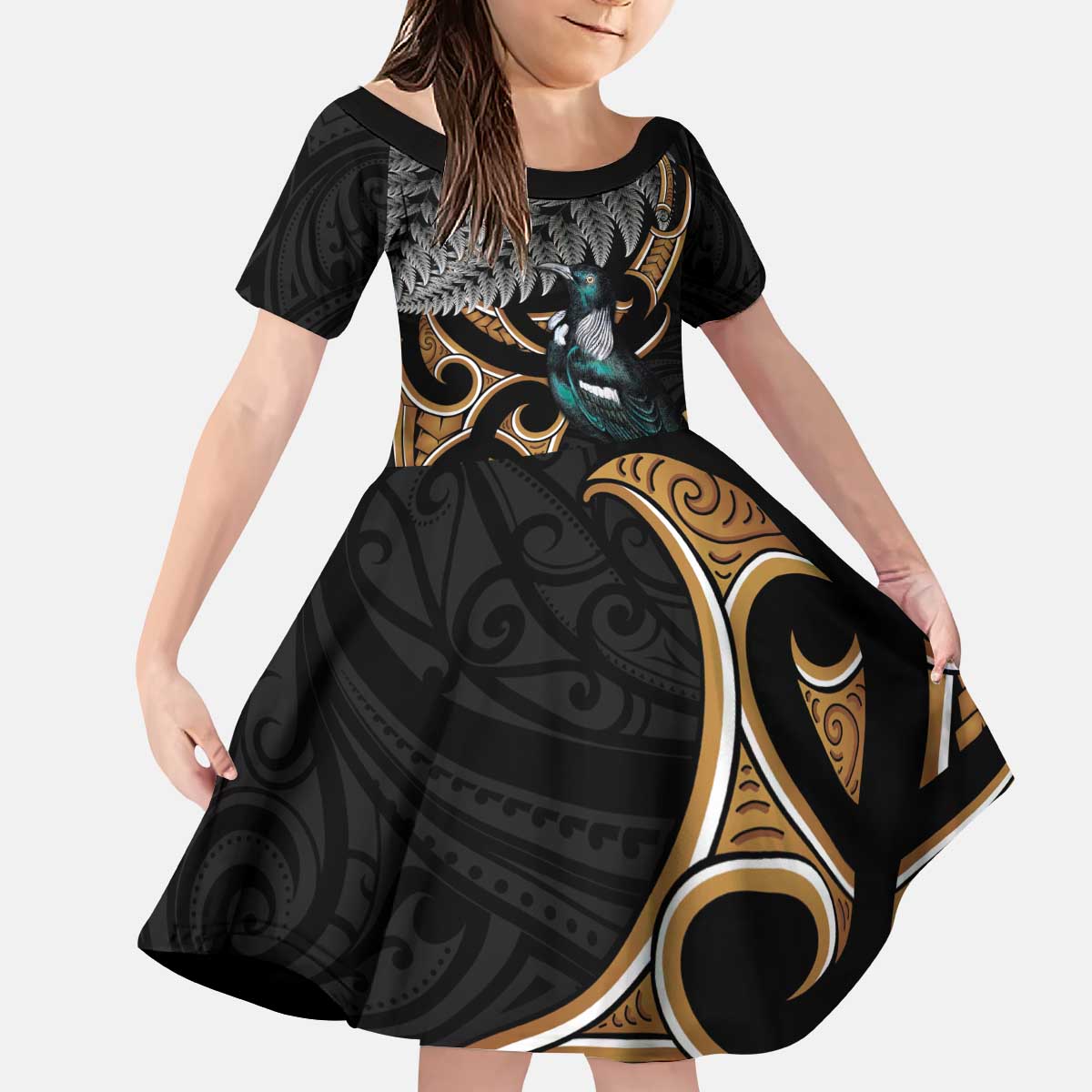 Aotearoa Kowhai Tui Bird Kid Short Sleeve Dress Maori Ngaru With Silver Fern