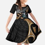 Aotearoa Kowhai Tui Bird Kid Short Sleeve Dress Maori Ngaru With Silver Fern