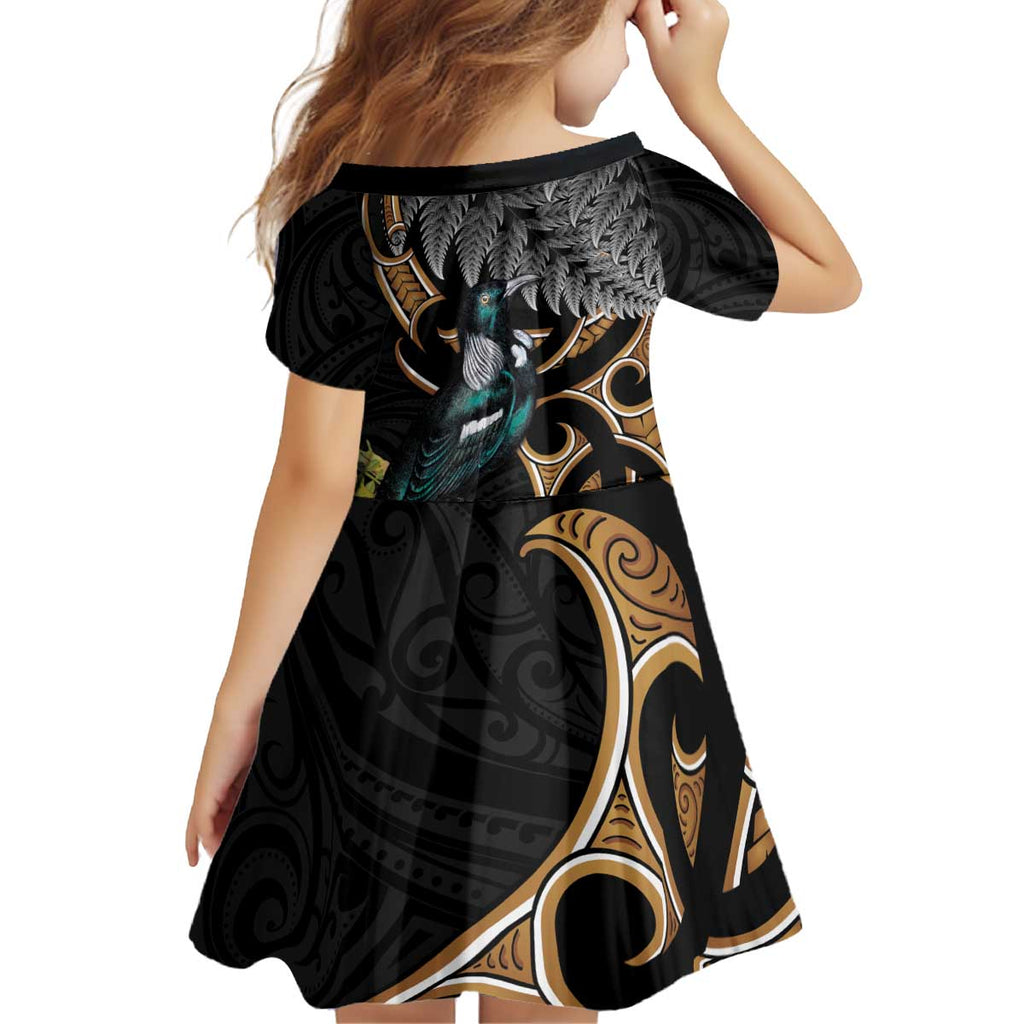 Aotearoa Kowhai Tui Bird Kid Short Sleeve Dress Maori Ngaru With Silver Fern