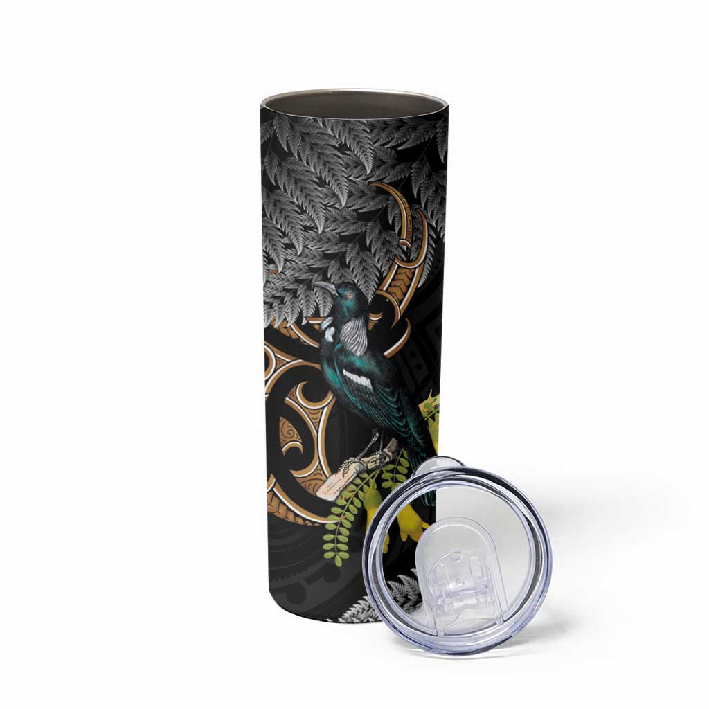 Aotearoa Kowhai Tui Bird Skinny Tumbler Maori Ngaru With Silver Fern