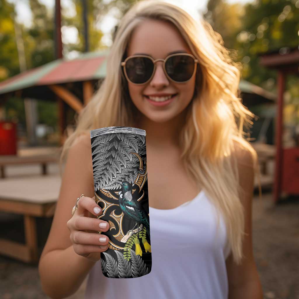 Aotearoa Kowhai Tui Bird Skinny Tumbler Maori Ngaru With Silver Fern
