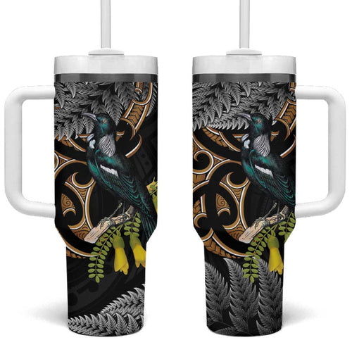 Aotearoa Kowhai Tui Bird Tumbler With Handle Maori Ngaru With Silver Fern