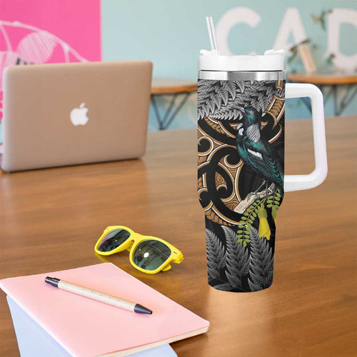 Aotearoa Kowhai Tui Bird Tumbler With Handle Maori Ngaru With Silver Fern