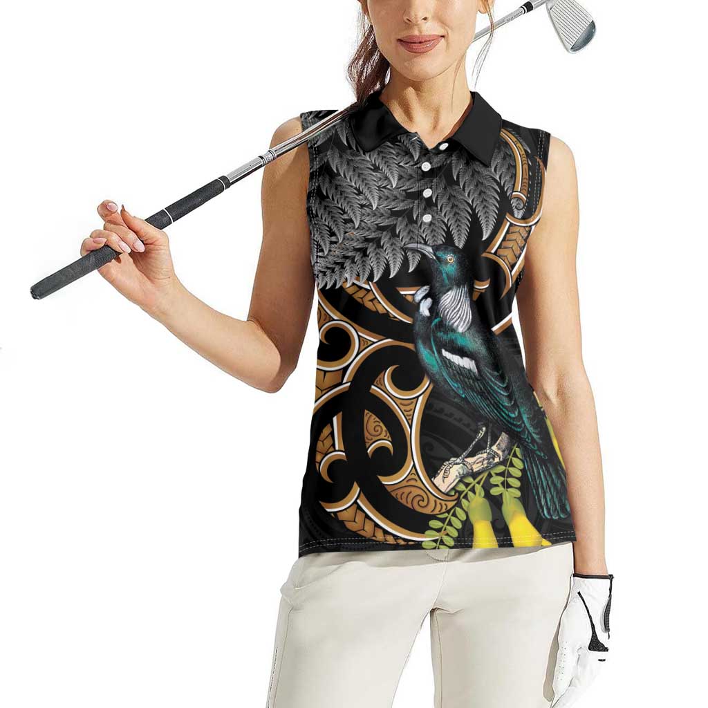 Aotearoa Kowhai Tui Bird Women Sleeveless Polo Shirt Maori Ngaru With Silver Fern
