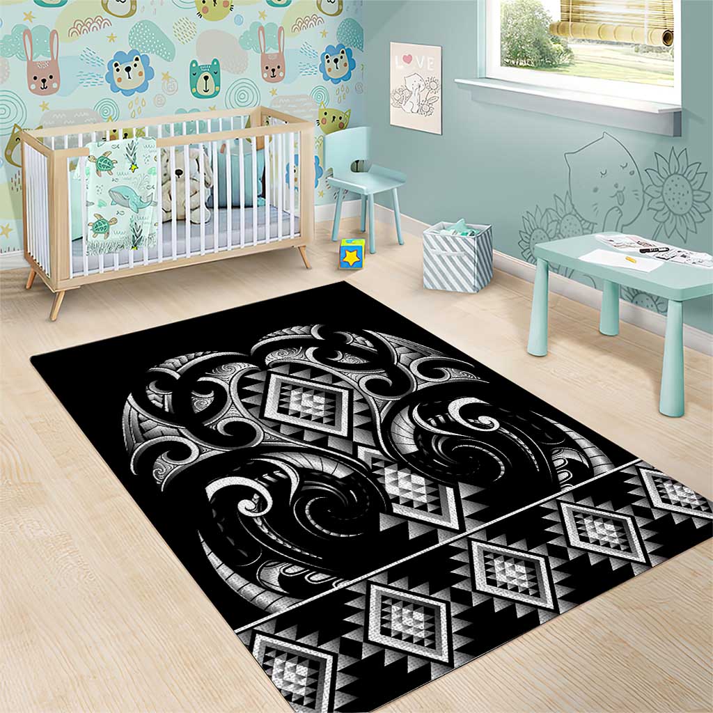 Black Ngaru Taniko With Aotearoa Maori Tattoo Area Rug