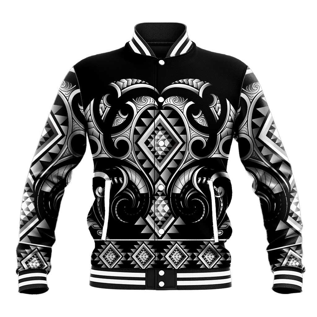 Black Ngaru Taniko With Aotearoa Maori Tattoo Baseball Jacket