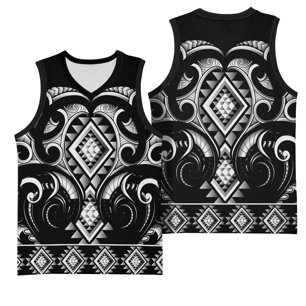 Black Ngaru Taniko With Aotearoa Maori Tattoo Basketball Jersey - Aussie Hoodie