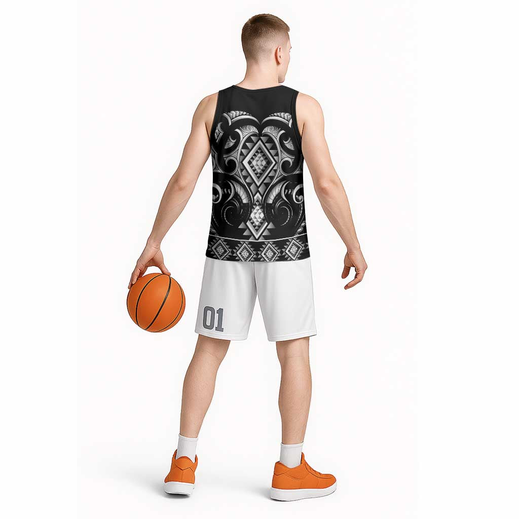 Black Ngaru Taniko With Aotearoa Maori Tattoo Basketball Jersey - Aussie Hoodie