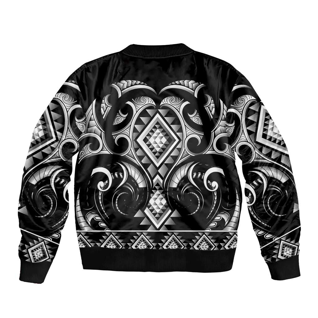 Black Ngaru Taniko With Aotearoa Maori Tattoo Bomber Jacket